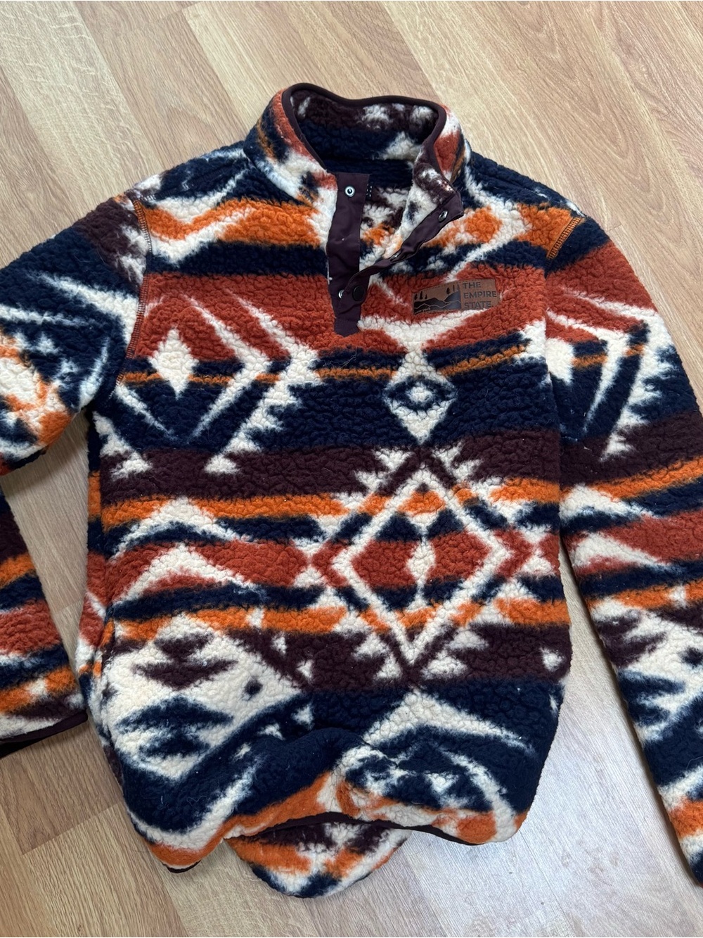 Aztec Pattern Fleece Pullover in Rust, Navy & Cream